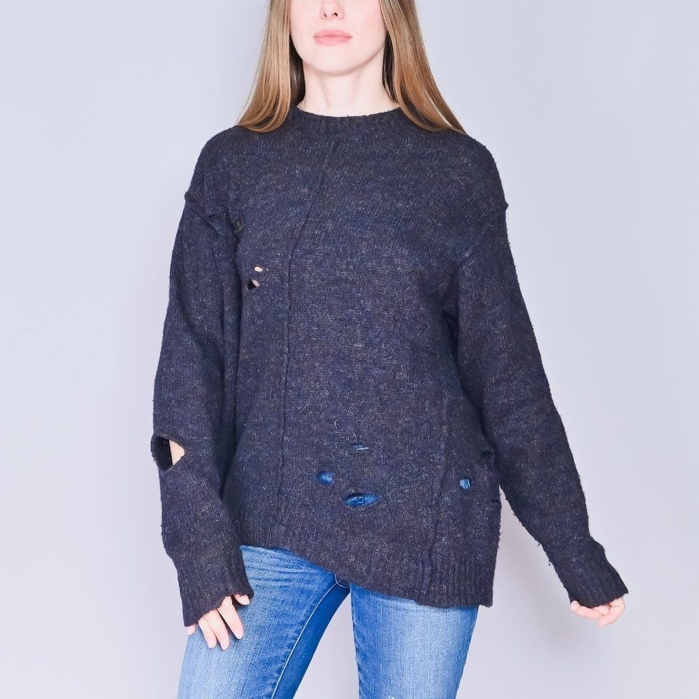 Isabel Marant Etoile Distressed Mohair Wool Blend Cutout Sweater Violet Blue 38